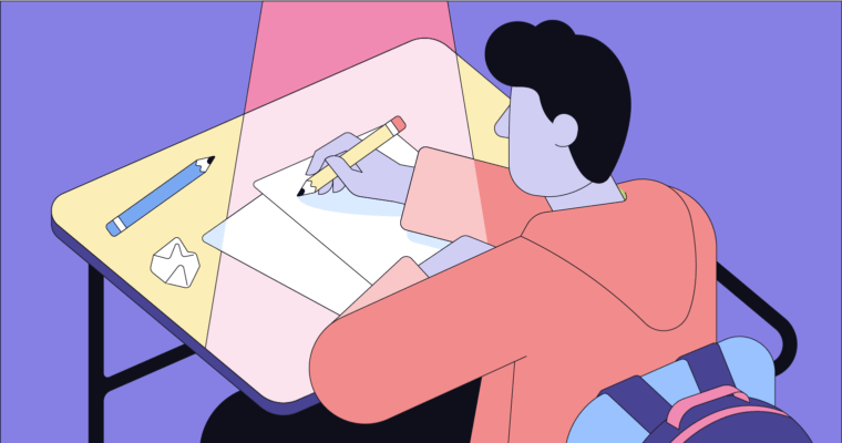 An illustration of a person writing at a desk.