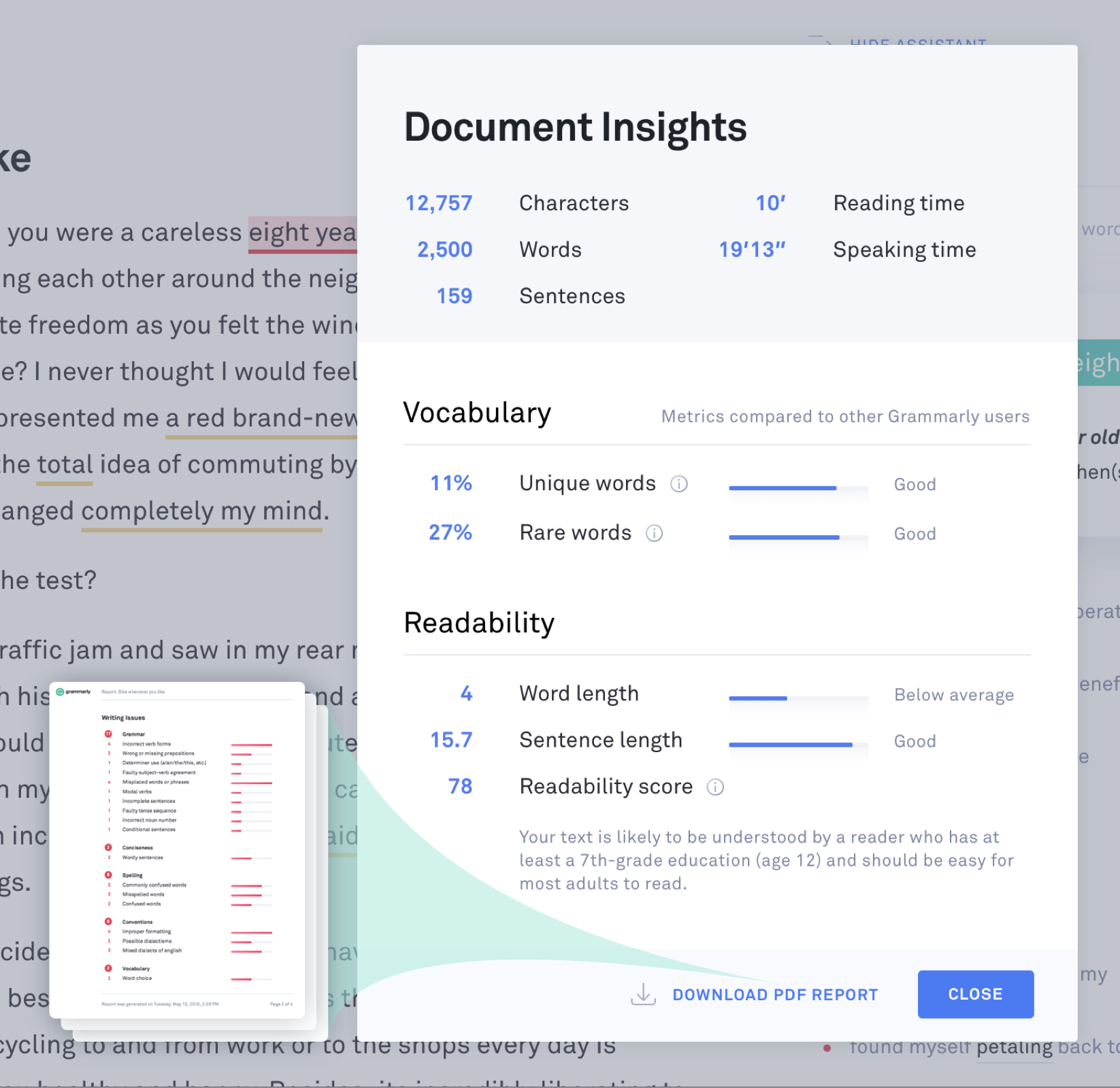 A document insights report in the Grammarly editor with an option to download as a PDF.