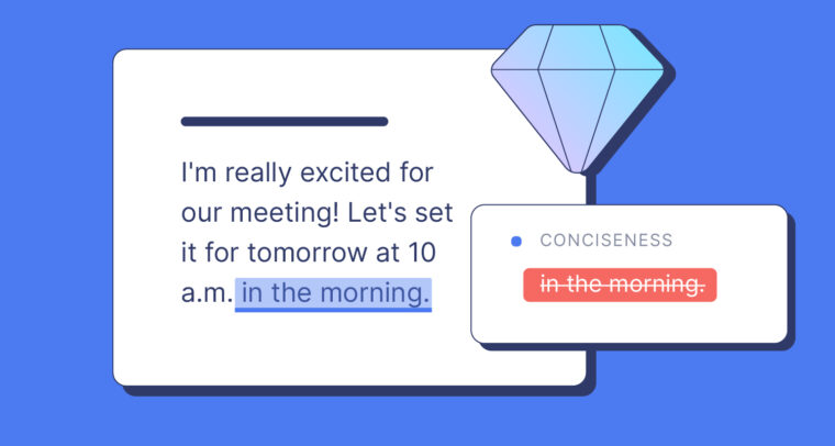 A text box that says: I'm really excited for our meeting! Let's set it for tomorrow at 10 a.m. in the morning. A Grammarly suggestion box recommends removing the phrase: In the morning.