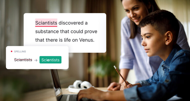 A young boy types at a laptop with his mother watching the screen. A popup window shows his sample text with the word "sciantists" highlighted and underlined in red. A second popup window from Grammarly has the word "sciantists" crossed out and the replacement "scientists" in green.