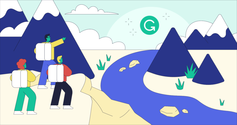 Three illustrated people wearing backpacks traverse a rocky landscape with a river and mountains in the distance. A sparkling Grammarly logo is in the sky beside three puffy clouds.