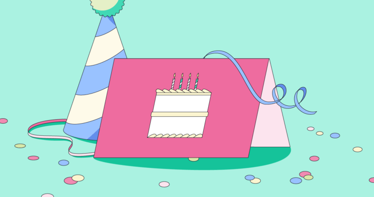 Illustration of a birthday card with a cake on the front and a part hat in the background