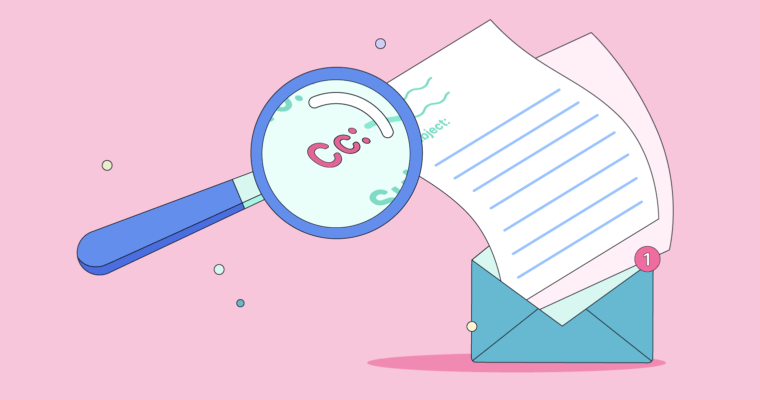 A magnifying glass magnifying "cc" on a letter emerging from an envelope.