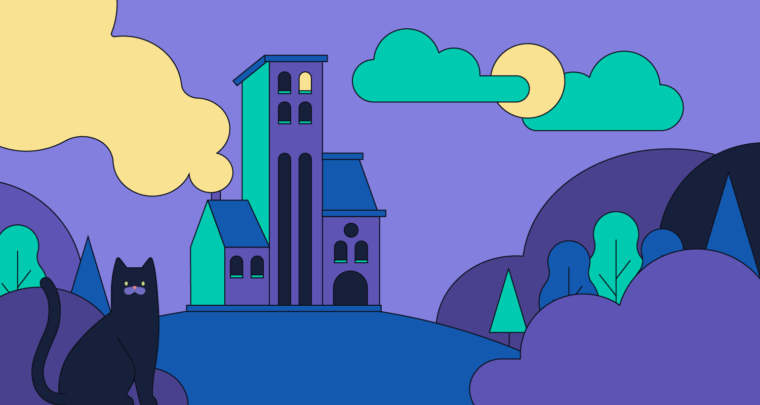 A spooky castle on a hill with a black cat in the foreground.