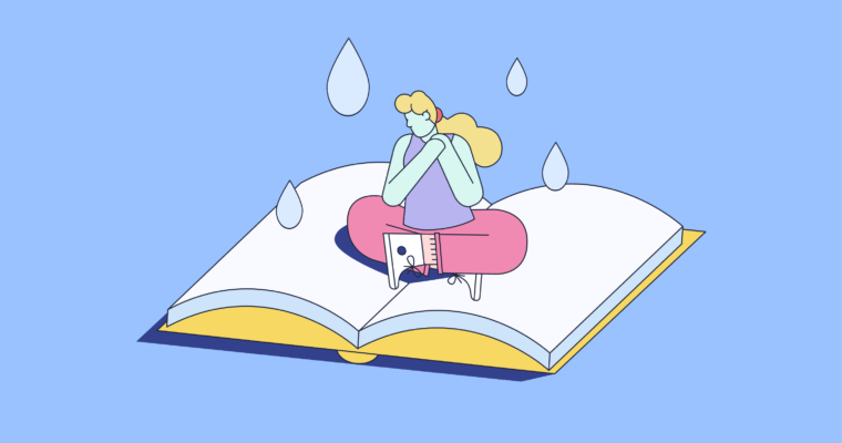 Illustration of a person reading a book, looking sad