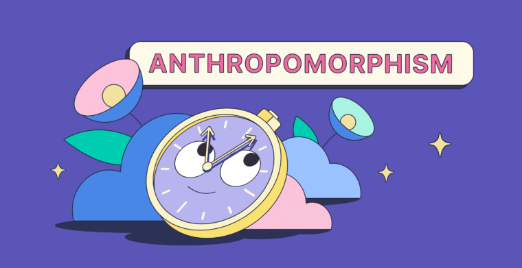 Illustration of a clock with a face underneath the word "Anthropomorphism".