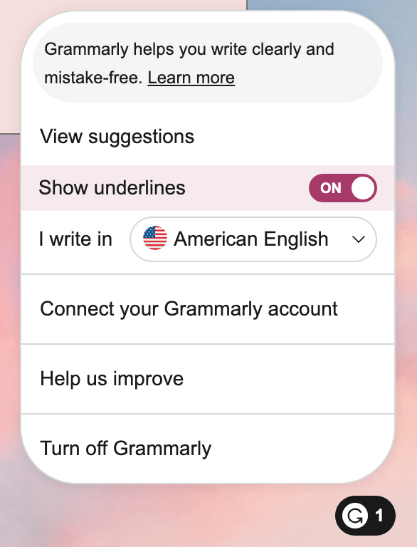 Alt text: Screenshot of the Grammarly button menu on the page for Lover.