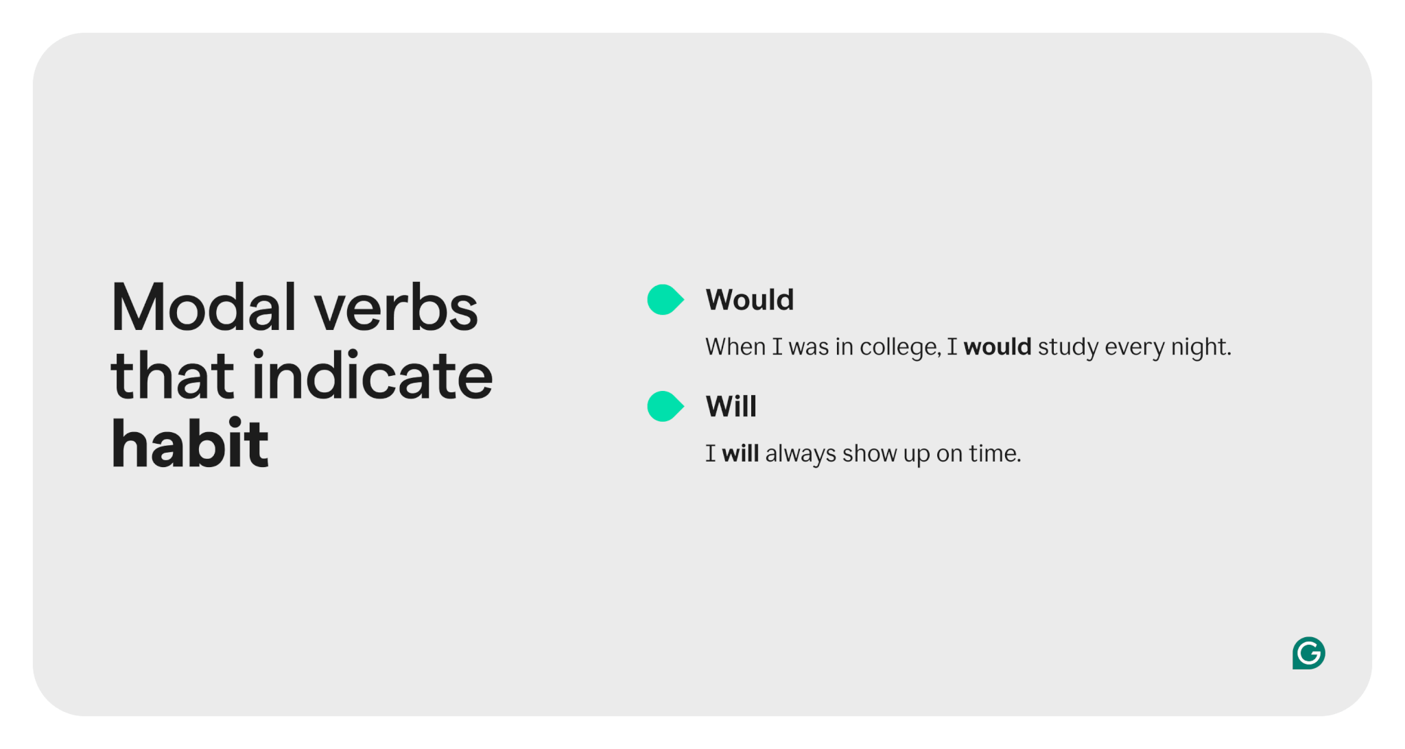 Examples of modal verbs that indicate habit.