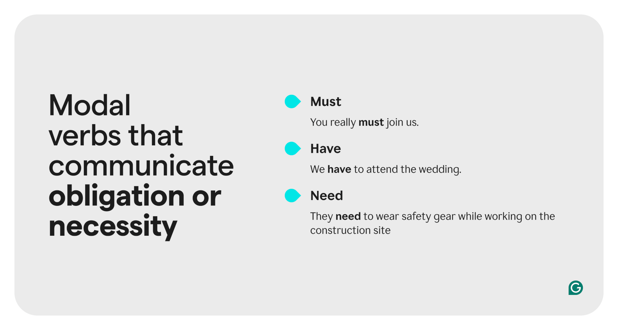 Examples of modal verbs that communicate obligation or necessity.