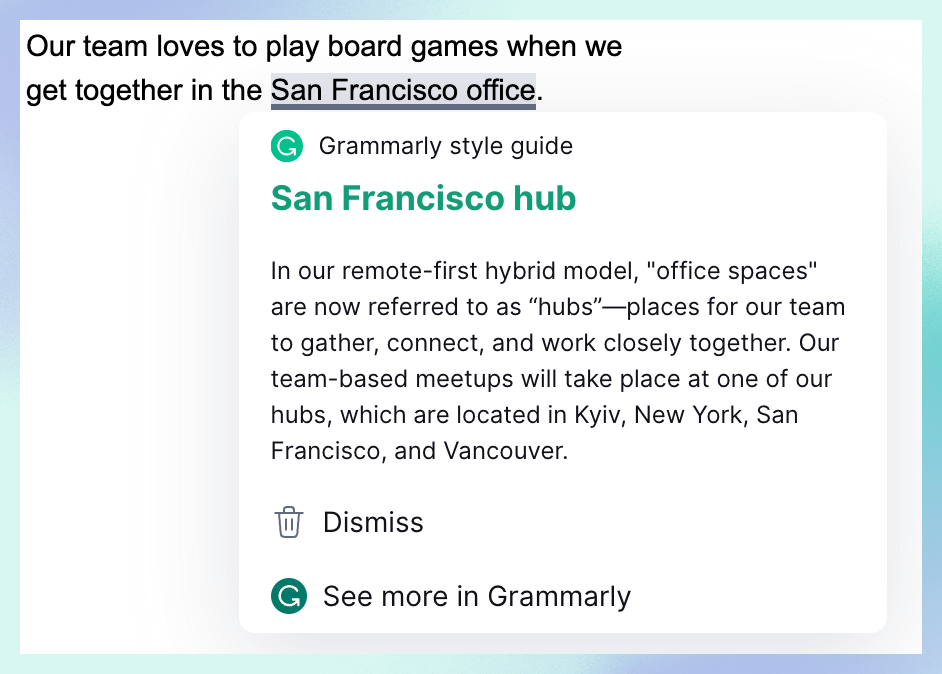 A suggestion appears for the phrase “San Francisco office”.