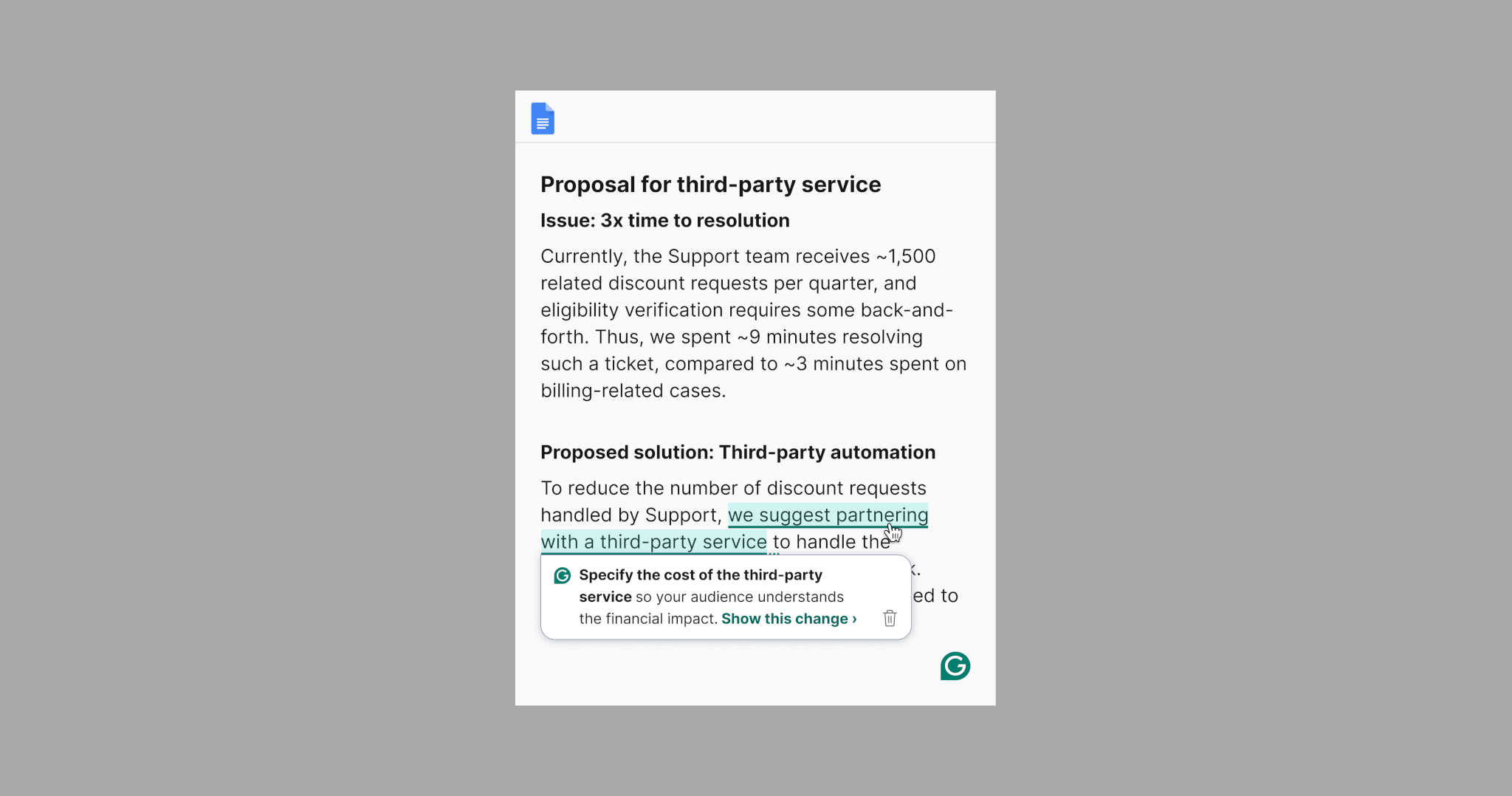 An example of Grammarly's strategic suggestions prompting a user to specify the cost of a service they want approval to fund.