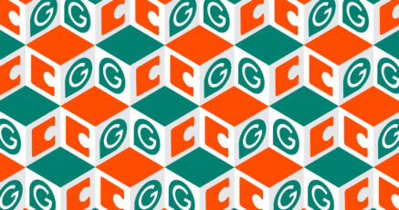 An image showing repeating rows of Grammarly and Coda logos transposed on cubes in brand colors.