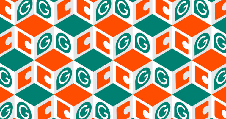 An image showing repeating rows of Grammarly and Coda logos transposed on cubes in brand colors.