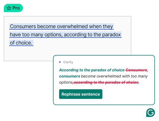 Grammarly rephrasing product example