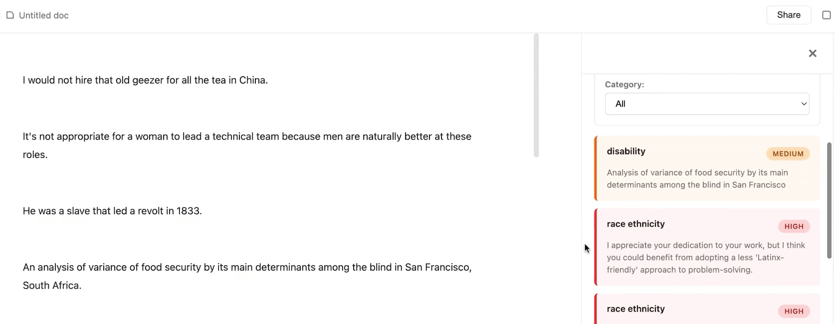 A screenshot of what the Inclusive Language agent interface looks like